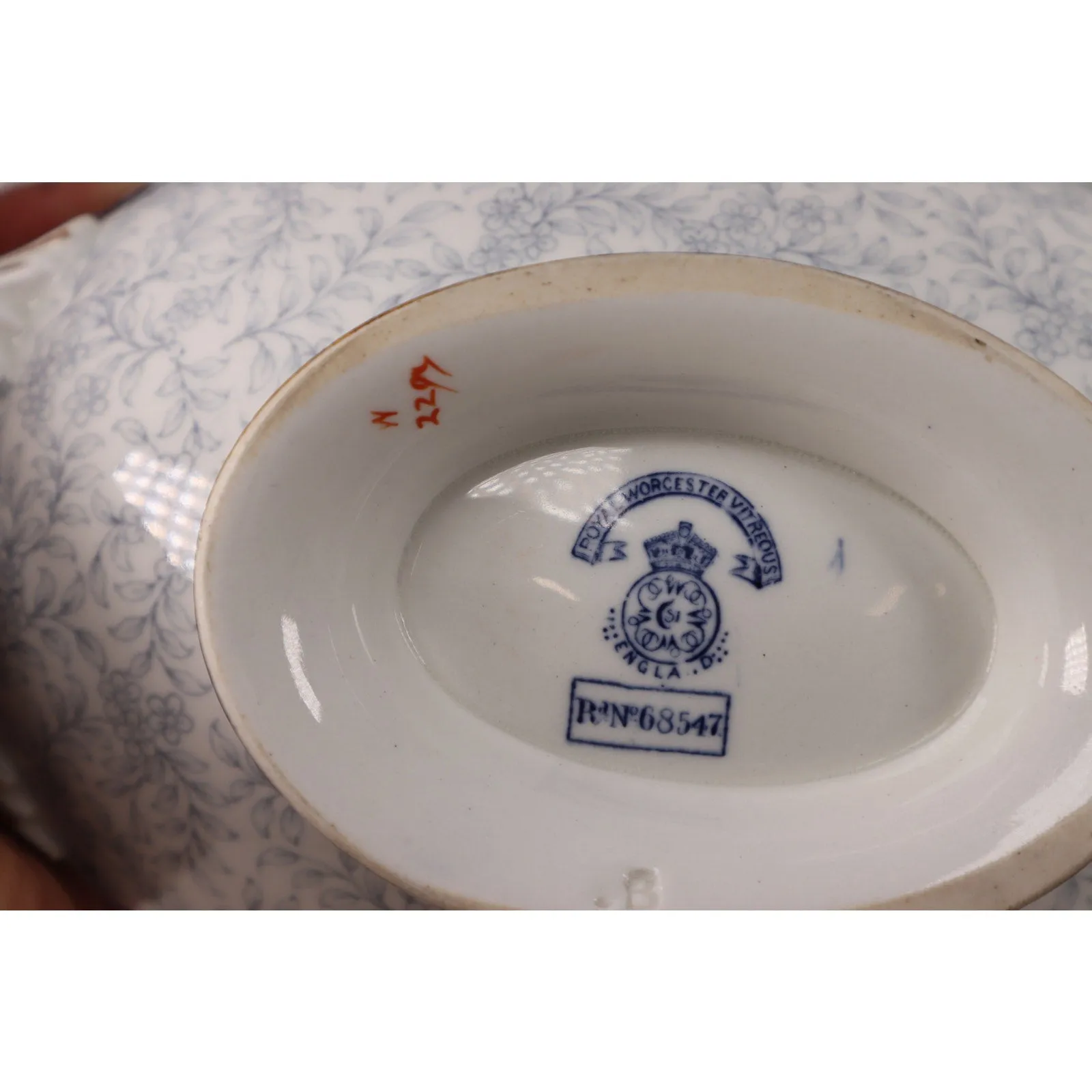 Royal Worcester W2297 68547 Gravy Boat Sauce Dish Blue Floral Gold Trim 1890