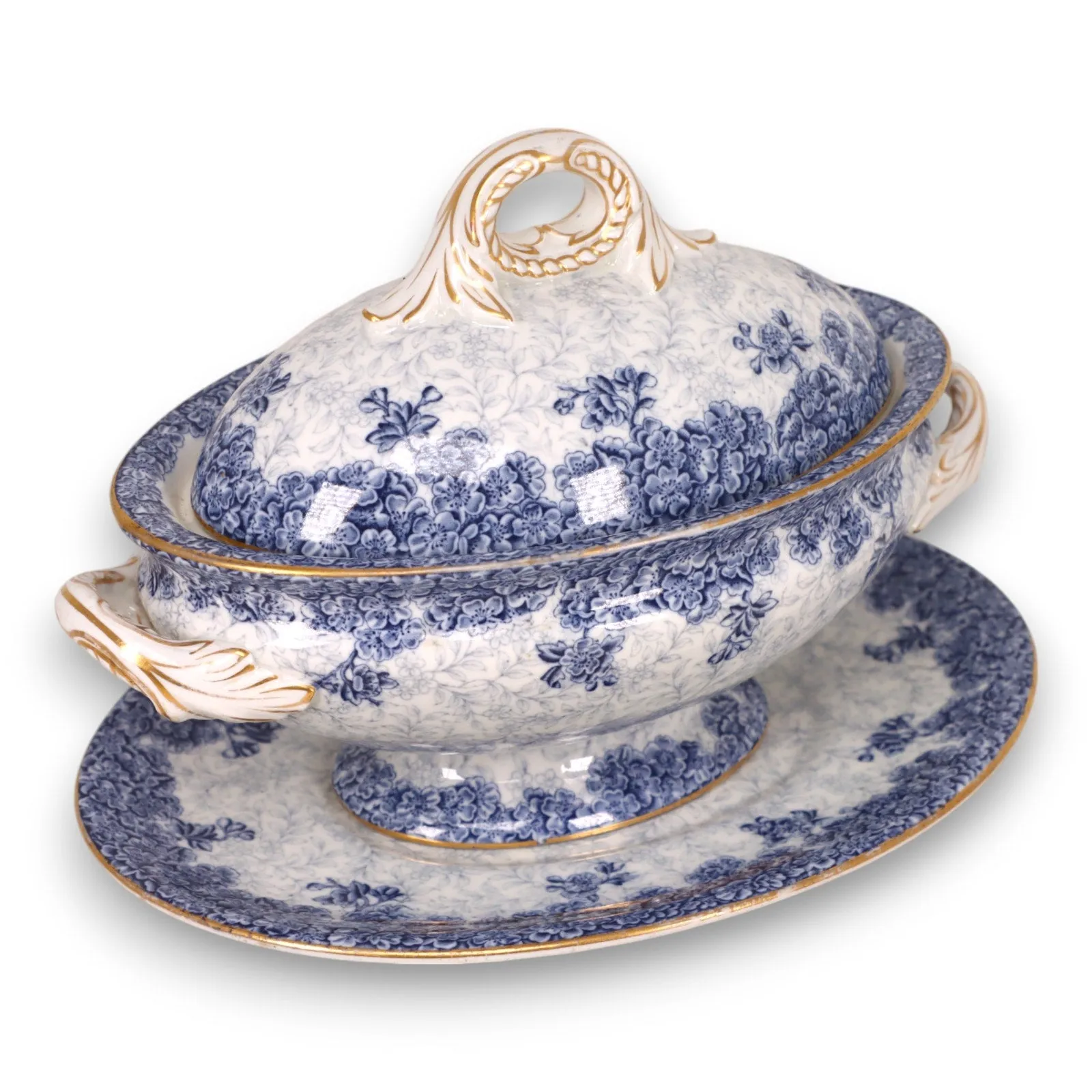 Royal Worcester W2297 68547 Gravy Boat Sauce Dish Blue Floral Gold Trim 1890