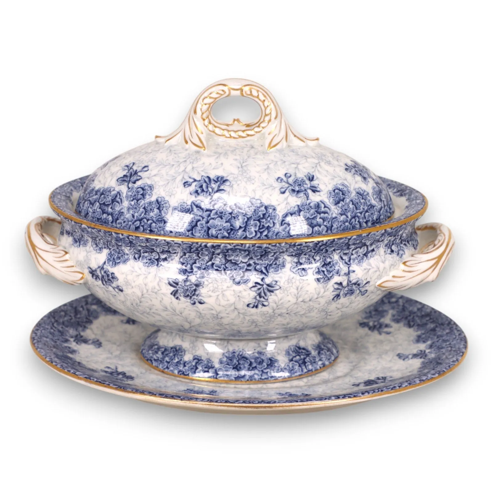 Royal Worcester W2297 68547 Gravy Boat Sauce Dish Blue Floral Gold Trim 1890