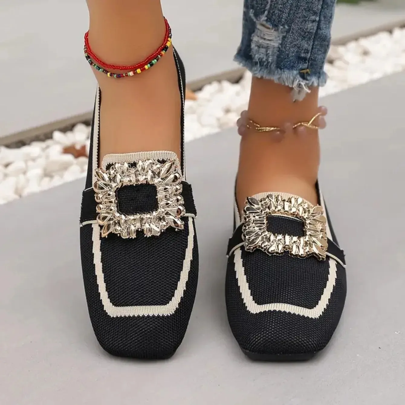 Shiela Jewel Buckle Canvas Loafers