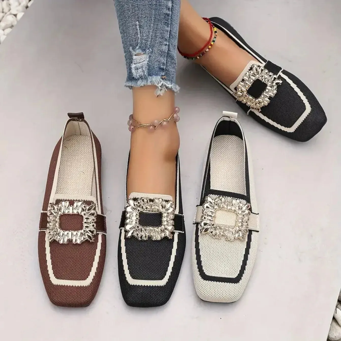 Shiela Jewel Buckle Canvas Loafers