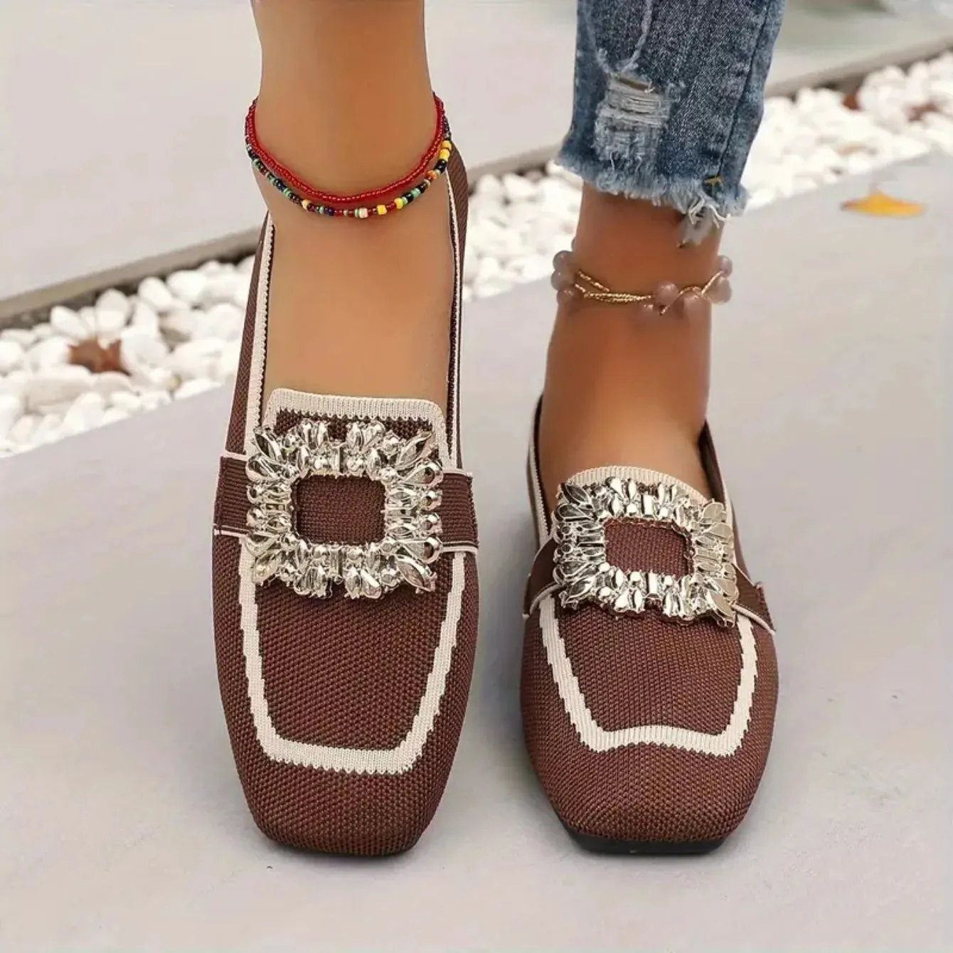 Shiela Jewel Buckle Canvas Loafers
