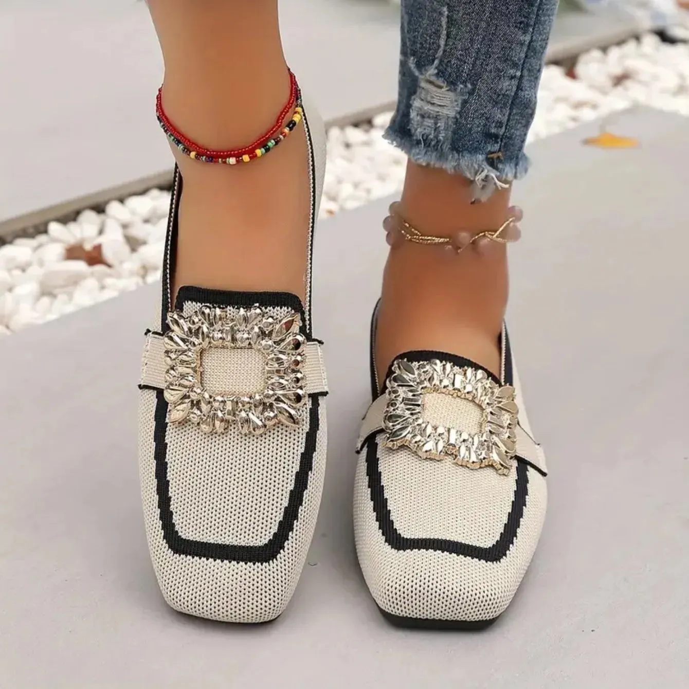 Shiela Jewel Buckle Canvas Loafers