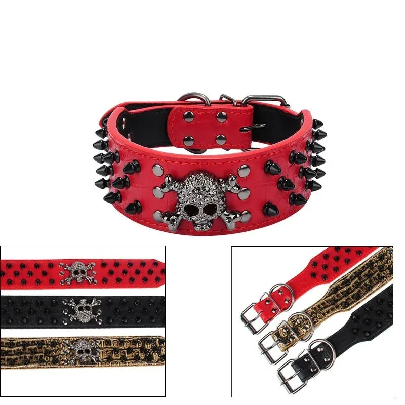 Spiked Leather Dog Collar | Skull Design for Large Dogs