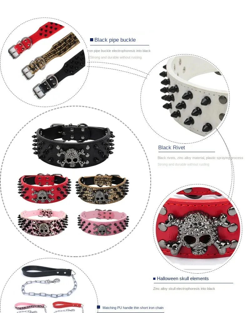Spiked Leather Dog Collar | Skull Design for Large Dogs