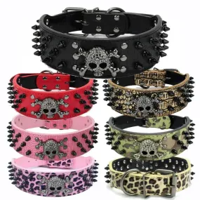 Spiked Leather Dog Collar | Skull Design for Large Dogs