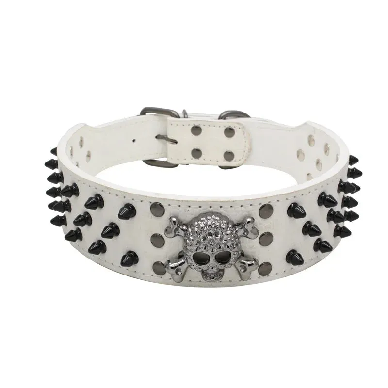 Spiked Leather Dog Collar | Skull Design for Large Dogs