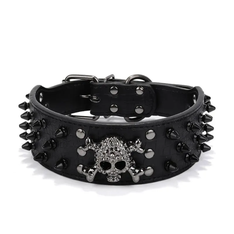 Spiked Leather Dog Collar | Skull Design for Large Dogs