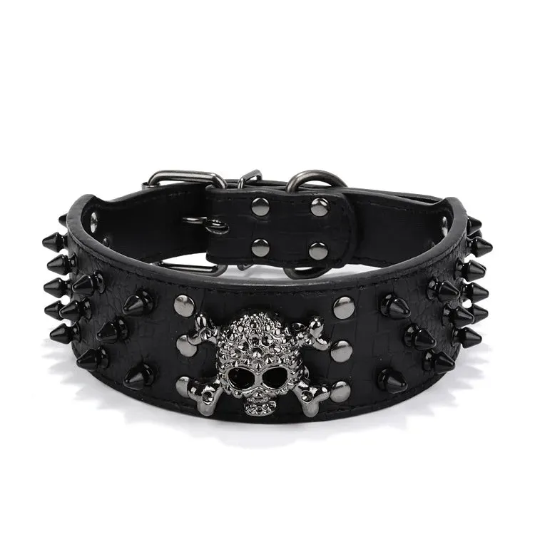Spiked Leather Dog Collar | Skull Design for Large Dogs