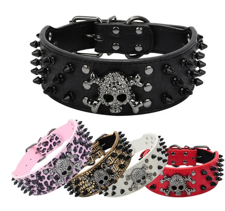 Spiked Leather Dog Collar | Skull Design for Large Dogs