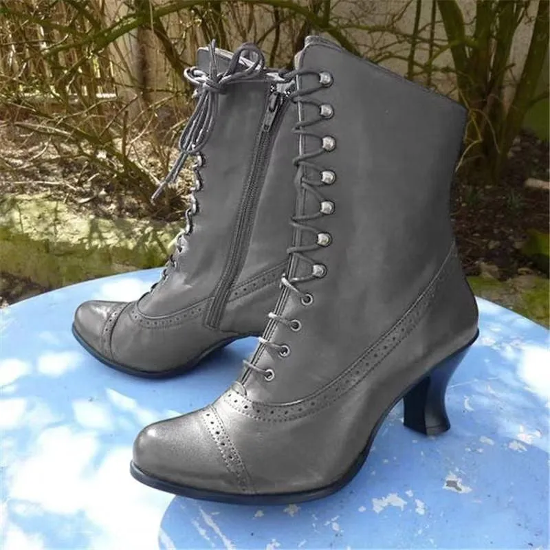 Vintage Louis heels boots retro lace-up mid calf pointed toe dress boots