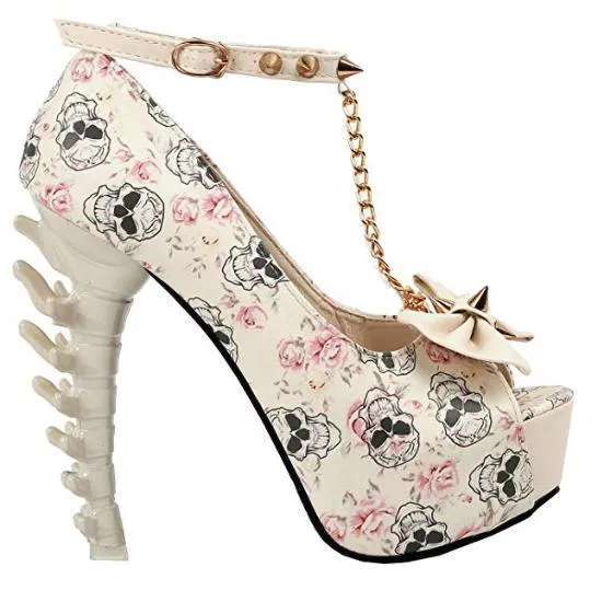Vintage White Skull SteamPunk Ankle Strap Stilettos