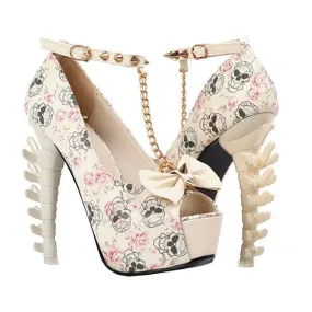 Vintage White Skull SteamPunk Ankle Strap Stilettos