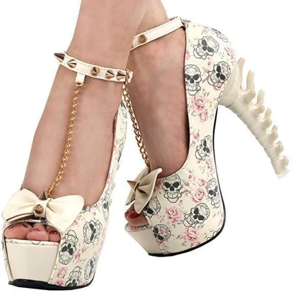 Vintage White Skull SteamPunk Ankle Strap Stilettos